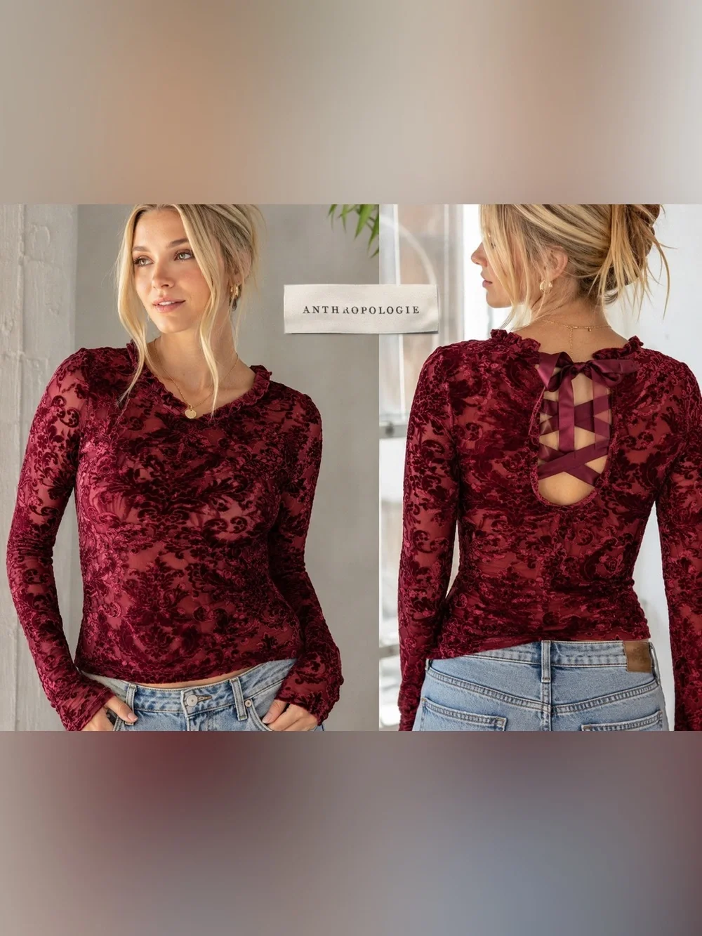 S - Anthropologie-Deep Burgundy Burnout Velvet Long-Sleeve Top with Lace-Up Back